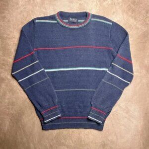 Vintage 80s Par Four Striped Sweater Navy Blue Knit Long Sleeve Retro Grandpa